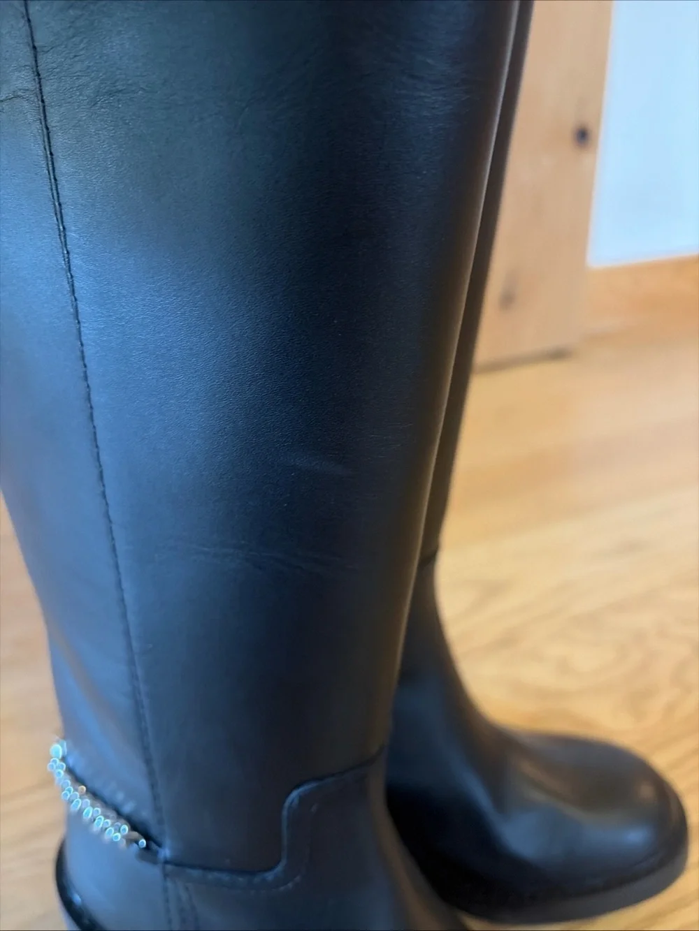 MICHAEL KORS Carlisle Tall Leather Riding Boots Black Chunky Chain US 7.5 NWOB